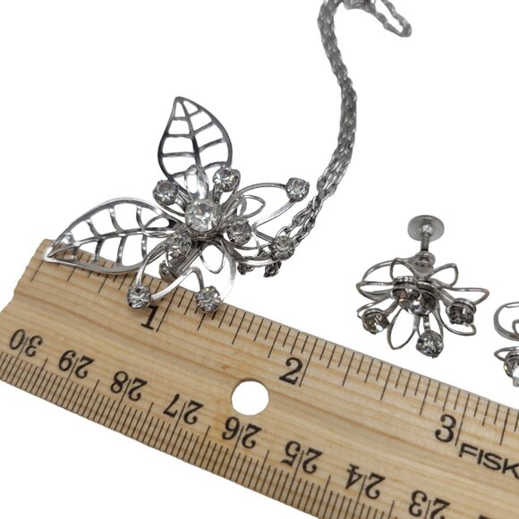 Vtg Signed B N Rhinestone Flower Leaf Necklace Earrings Set Demiparure Brooch Pe - Picture 4 of 16